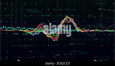 Displaying multicolored waveform oscillating on grid dashboard, with teal axis and floating numbers Stock Photo