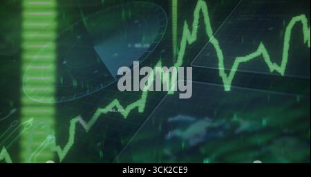 Showing green jagged line graph fluctuating across grid on virtual dashboard with radar element Stock Photo