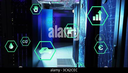 Showing server racks lining data center corridor under cable trays, with green metric icons Stock Photo