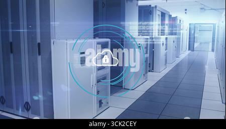 Displaying cloud lock overlay on server racks in server room aisle, with raised tiles under lights Stock Photo