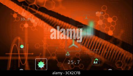 Displaying ribbed conduit slicing across interface, with CO? numeric data and hexagon patterns Stock Photo