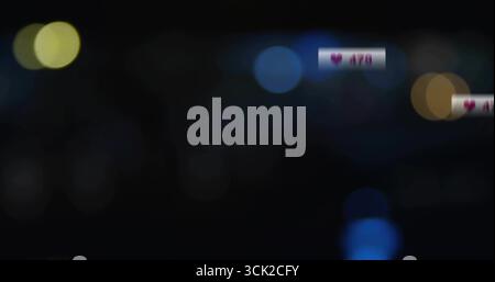 Floating notification box displaying heart count over dark abstract bokeh background, copy space Stock Photo