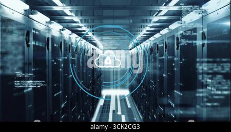 Displaying blue circular overlay with cloud lock icon in data center corridor with server racks Stock Photo