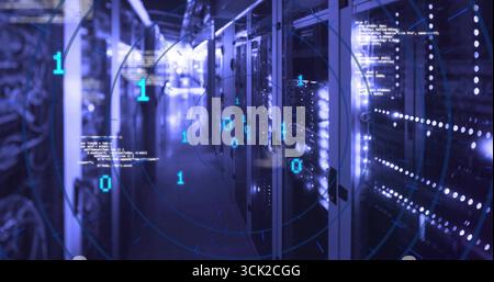 Stretching server racks showing LED lights and cables in data center hall, with binary HUD overlay Stock Photo
