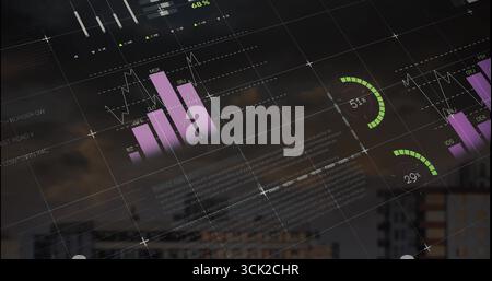 Displaying dashboard overlaying skyline at dusk, showing purple charts and percentage indicators Stock Photo