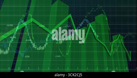 Displaying line chart fluctuating on market terminal, with green bars, percentages and grid overlay Stock Photo