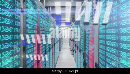 Streaming teal data overlays flowing through data center corridor with server racks and LEDs Stock Photo