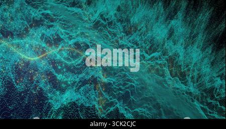 Forming 3D point cloud wave undulating in virtual space, with grid lines and orange highlights Stock Photo