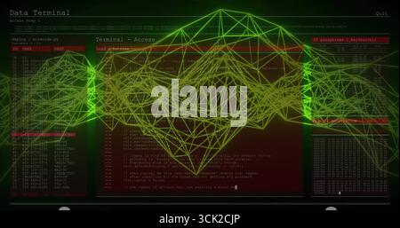 Displaying green-yellow wireframe on console, with terminal windows showing code and login details Stock Photo