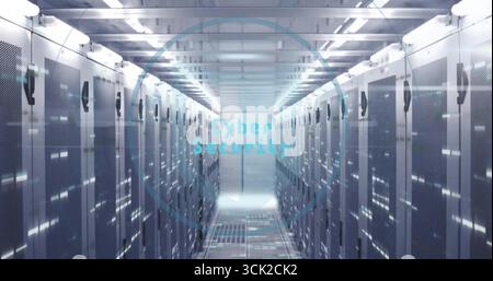 Extending corridor in server room featuring racks showing LED indicators, floor vents, cable trays Stock Photo