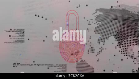 Displaying fingerprint padlock icon in cyberspace, data points, monospaced code and halftone map Stock Photo