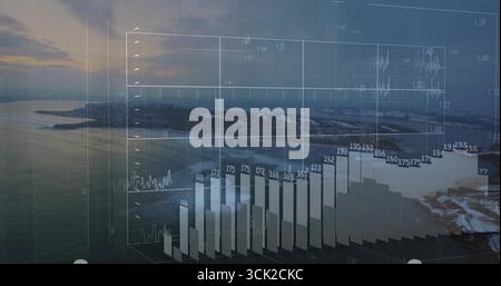 Displaying transparent financial chart overlaying sunset view, showing bar columns and line graph Stock Photo