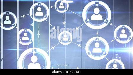 Displaying diagram floating on control room panel, with blue flares showing user icons and arrows Stock Photo