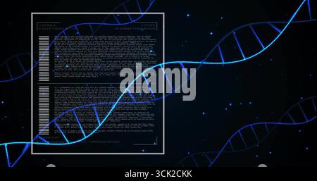 Glowing blue DNA helix spanning interface, showing white panel with code, charts, variable labels Stock Photo