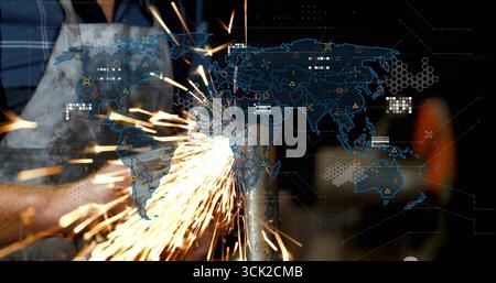 Grinding metalworker wearing gloves using angle grinder on cylinder in workshop, with data overlay Stock Photo
