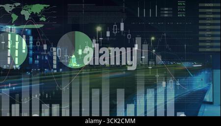 Displaying charts overlaying nighttime road, with candlestick bar line and circular segments Stock Photo