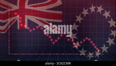Displaying dotted red downward-trending line graph on 3D grid floor, with Union Jack and EU stars Stock Photo