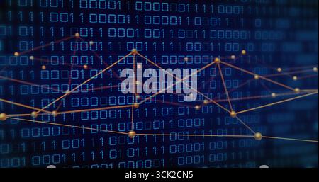 Displaying glowing golden network graph linking spherical nodes over dark blue binary digits matrix Stock Photo