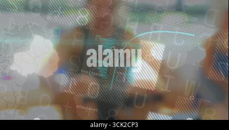 Displaying dotted world map interface over blurred office, showing data panels and numeric readouts Stock Photo