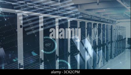 Glowing server rack bank showing network cables in data center corridor, digital overlay graphics Stock Photo