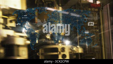 Projecting holographic world map floating inside tech facility, with data nodes, hexagon clusters Stock Photo