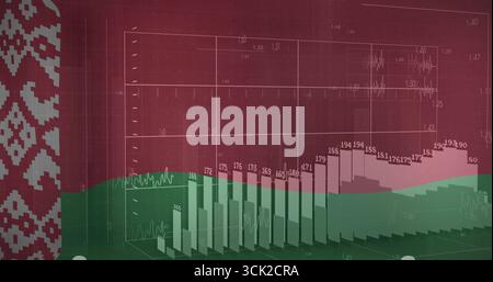 Displaying 3D bar and line graph on digital analytics dashboard, with data labels, vertical stripe Stock Photo