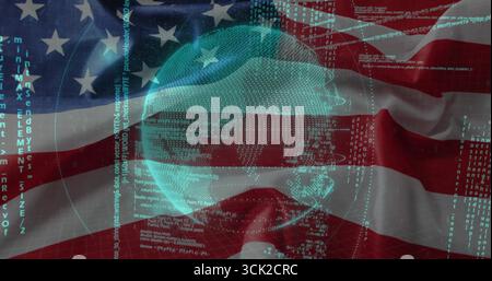 Displaying hologram globe floating in digital backdrop, with American flag code streams and digits Stock Photo