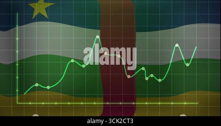Showing green graph over Central African flag with stripes, yellow star, data nodes on grid overlay Stock Photo