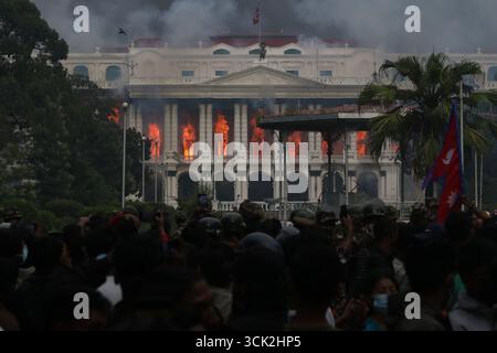 Kathmandu, Bagmati, Nepal. 9th Sep, 2025. Smoke billows from the Singhadurbar, the administrative capital of Nepal as it is ransacked and set ablaze in Kathmandu on 9 September, 2025. Following the intense protest, Oli, the Communist Prime Minister of Nepal resigned from the post. Credit: ZUMA Press, Inc./Alamy Live News Stock Photo