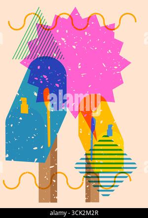 Risograph Mailbox with speech bubble with geometric shapes. Objects in trendy riso graph print texture style design with geometry elements. Stock Vector