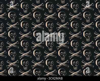 Seamless vector pattern with beige skulls and bones on black background halloween gothic design projects Stock Vector