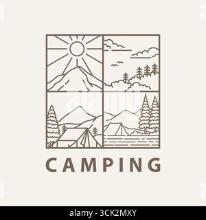 Monoline illustration showing different outdoor camping and nature vignettes Features mountains, sun, clouds, trees, and tents by a lake Stock Vector