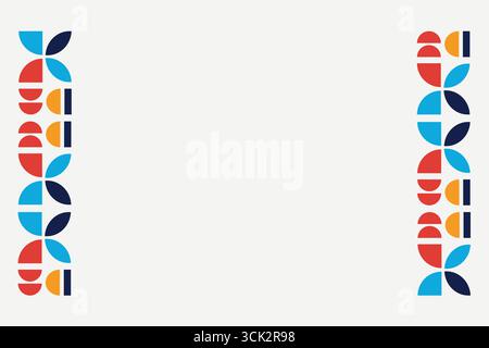 Modern abstract background with colorful geometric border pattern. Minimalist layout with red, blue, orange, and navy half-circle and petal shapes, pe Stock Vector