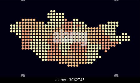 Mongolia dotted map. Digital style map of the country on dark background. Mongolia shape with circle dots. Colored dots style. Large size circles. Stock Vector