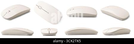 set of white wireless computer mouse isolated white background, sleek ergonomic design with scroll wheel in different angles, essential tool Stock Photo