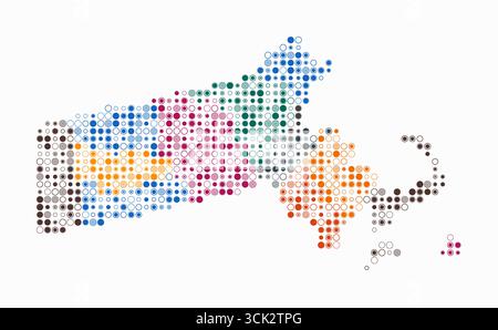Massachusetts, shape of the state built of colored cells. Digital style map of Massachusetts on white background. Small size circle blocks. Stock Vector