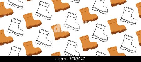 Seamless flat style pattern with boots in color and outline. Footwear background for textile, packaging, wallpaper, wrapping, childrens design and Stock Vector