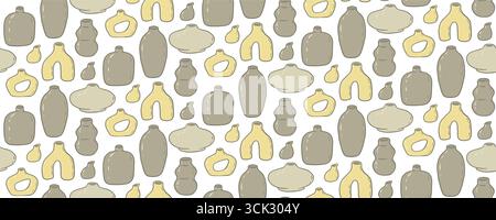 Seamless flat style pattern with abstract ceramic vases in neutral earthy tones. Minimalist pottery background for banner, textile, wallpaper and Stock Vector