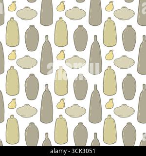 Seamless flat style pattern with tall and round ceramic vases in neutral tones. Minimalist pottery background for textile, wallpaper, wrapping and Stock Vector