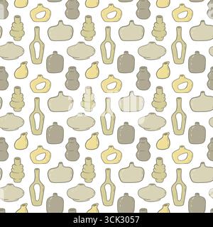 Seamless flat style pattern with abstract ceramic vases in neutral colors. Minimalist pottery background for home decor, fabric, wallpaper, wrapping. Stock Vector