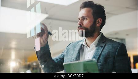 Businessman, writing and sticky notes with tablet on glass board for schedule, agenda or project tasks. Man, employee or planner with technology Stock Photo