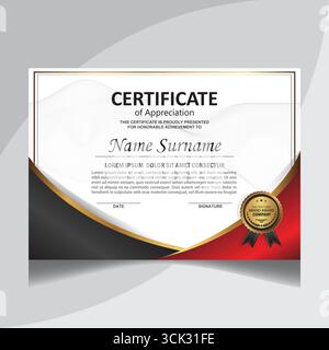 Professional certificate of appreciation template featuring modern design with black, red, and gold accents, editable name placeholder, and award seal. Stock Vector