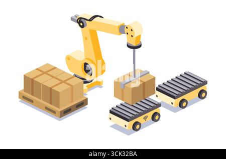 Isometric robotic arm loading cardboard boxes onto an autonomous mobile robot for automated warehouse logistics and cargo handling. Stock Vector