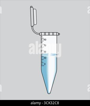 Illustration of a Laboratory Centrifuge Tube with Graduated Measurements and Blue Liquid, Isolated on Gray Background. Stock Vector