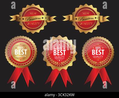 Set of gold and red premium and best quality badges with ribbons on black background for award, certification, and branding design. Stock Vector