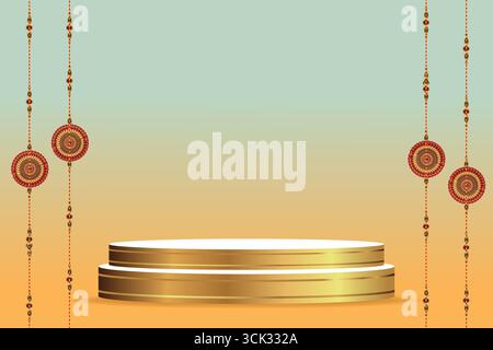 Elegant festive podium with golden stage and traditional decorative hanging elements on pastel gradient background for celebration or product display. Stock Vector