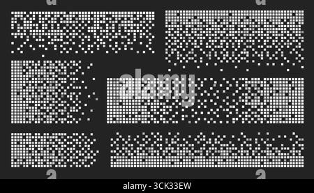 Cube pixel pattern set with white geometric dispersal effects, digital dissolution and data fragmentation for tech designs. Matrix grid backgrounds with scattered blocks. Glitch art transitions Stock Vector