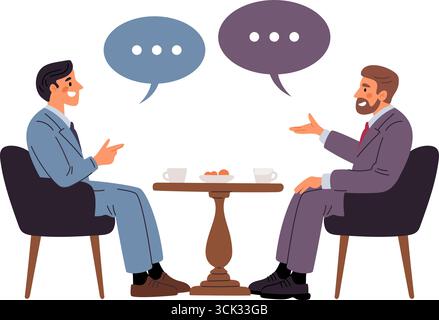 Two businessmen sit in chairs facing each other and conduct negotiations. Business deal. People discussion. Company partnership. Corporate agreement. Stock Vector