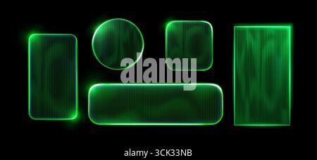 Futuristic interface elements with ribbed glass glossy neon borders for UI design - glowing green frames, circle and rectangle shapes with textured surface. Sci fi buttons and panels for game. Stock Vector