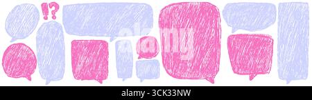 Textured crayon speech bubble collection with hand drawn style - purple chalk strokes and dialogue boxes on white bg. Artistic communication elements for creative messaging or playful graphic designs. Stock Vector